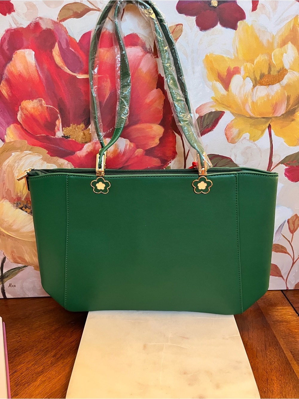 Montana West Emerald Green Tote with Top Handles & Flower Hardware (NWT) - Picture 5 of 12